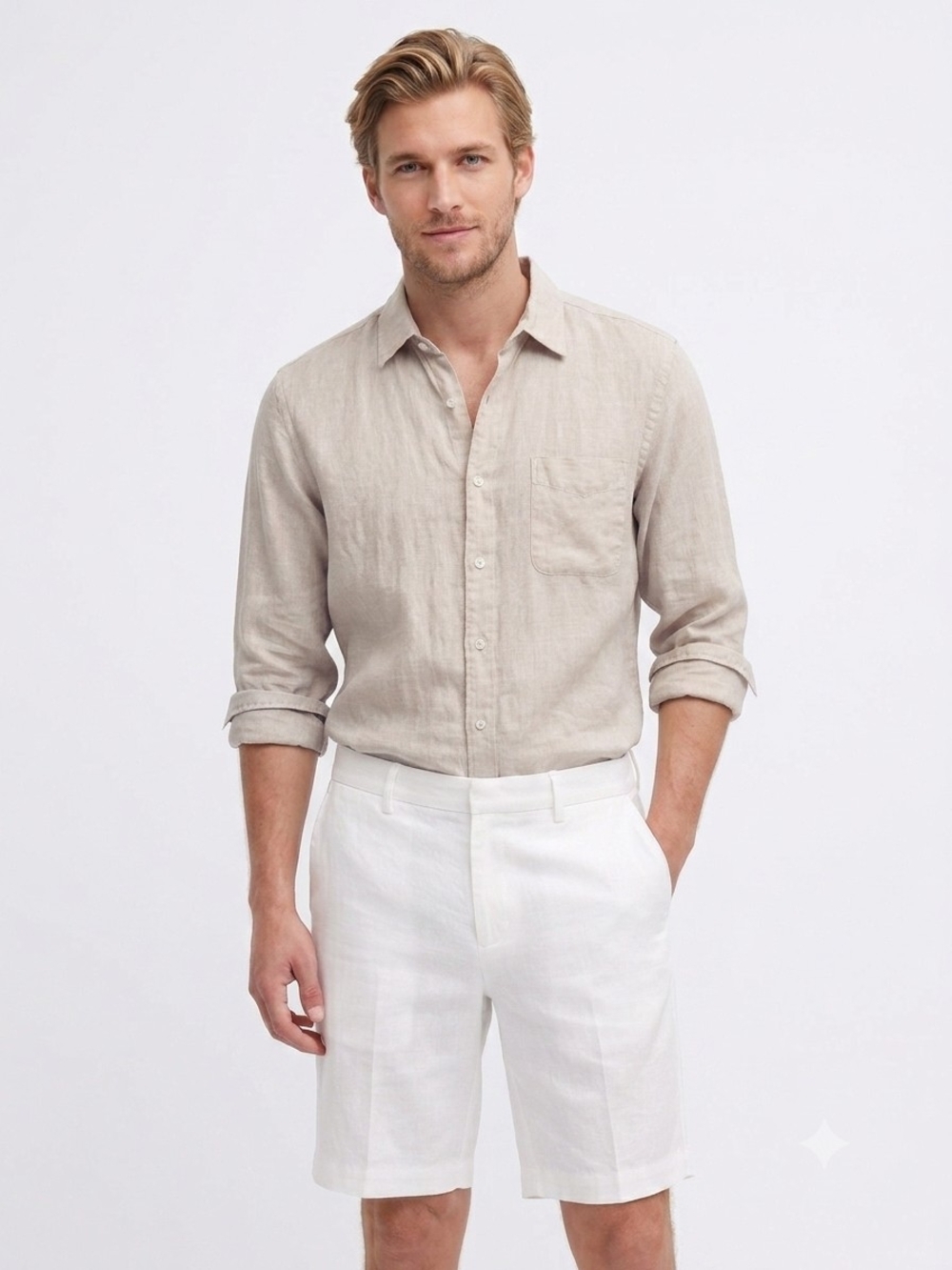 Uniqlo Men's Beige Tan 100% Linen Long Sleeve Button Up Shirt Size M